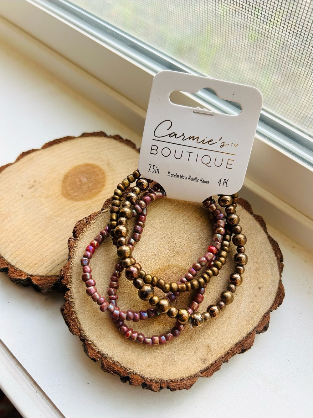Boho Beaded Bracelet Set | Bronze & Mauve Beads | Stackable Stretch Bracelets